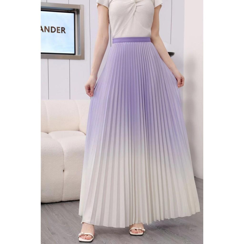 Qooth Elegant Women A Line Gradient color Pleated Skirt Wide Hem Mid Length Elastic Waist Slim Skirt QT2643