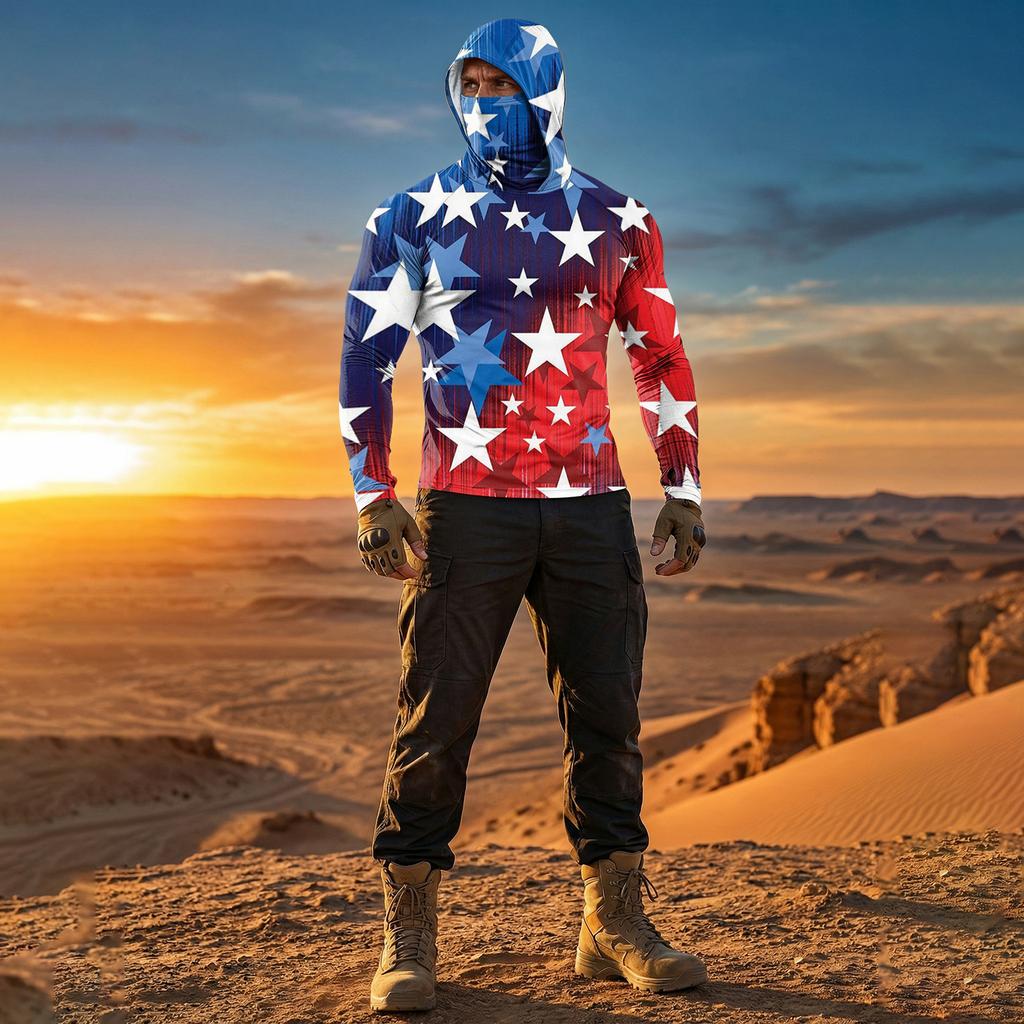 Men's Casual Raglan Sleeve Hooded Long Sleeve Sun Protection Shirt with Graphic Print Lightweight Breathable Fabric for Outdoor Activities