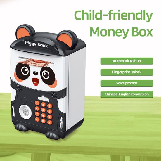 Barn Panda Sparebøsse Auto-Rull Passord Fingeravtrykk Opplåsing Batteridrevet Elektrisk Mynt Seddel Minibank Maskin Gutter Jenter Bursdagsgave