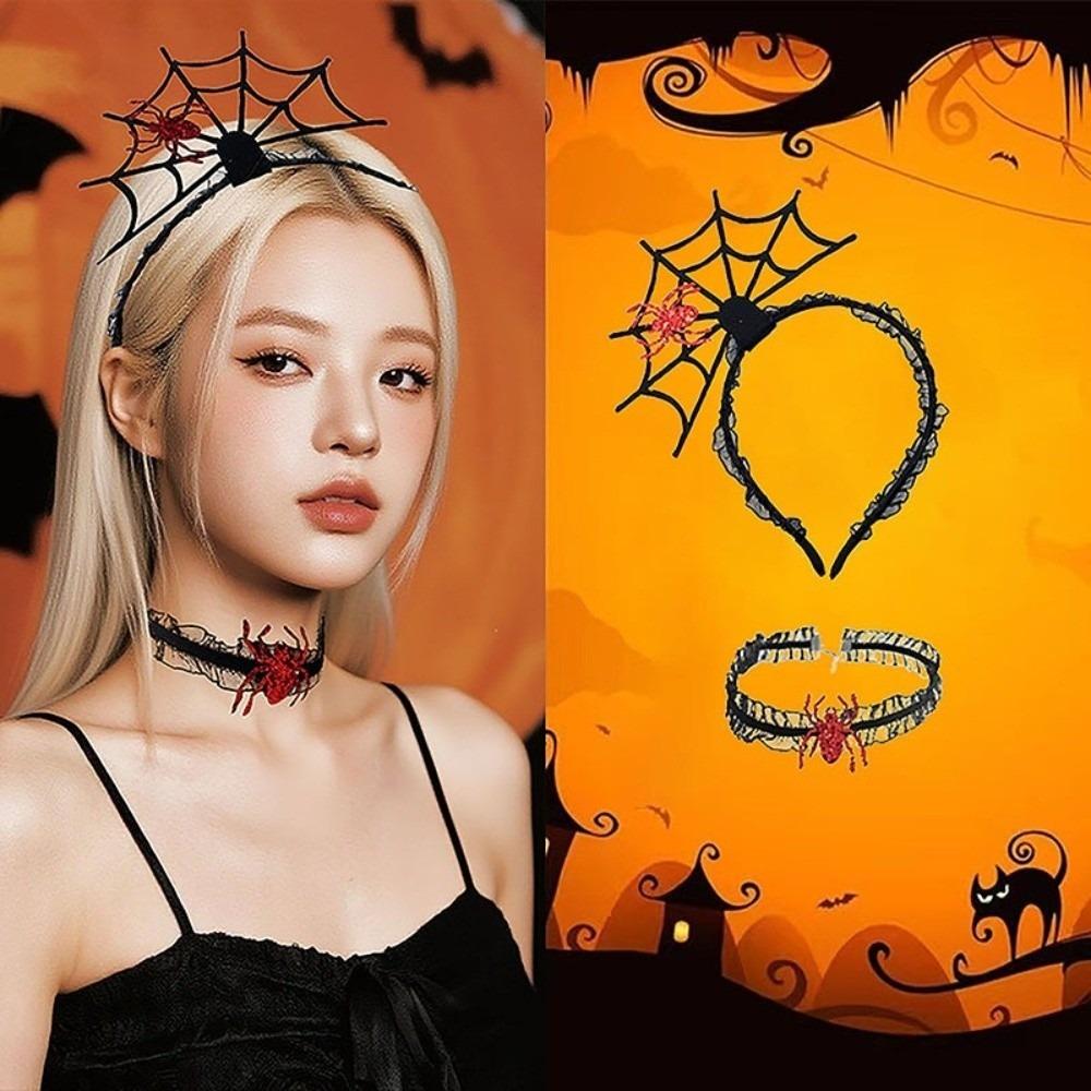Mesh Halloween Headband Ruffles Spider Web Hairband Creative Hairband Necklace Set  Boys/Girls