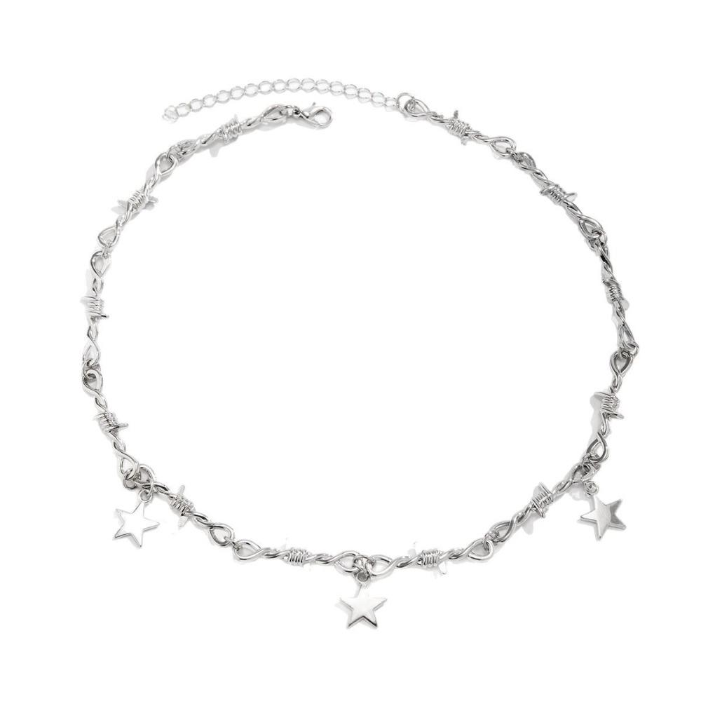 Hip Hop Personality Sliver Color Star Tassel Pendant Thorns Knot Chains Necklace for Women Men Fashion Y2k Collar Chain Jewelry