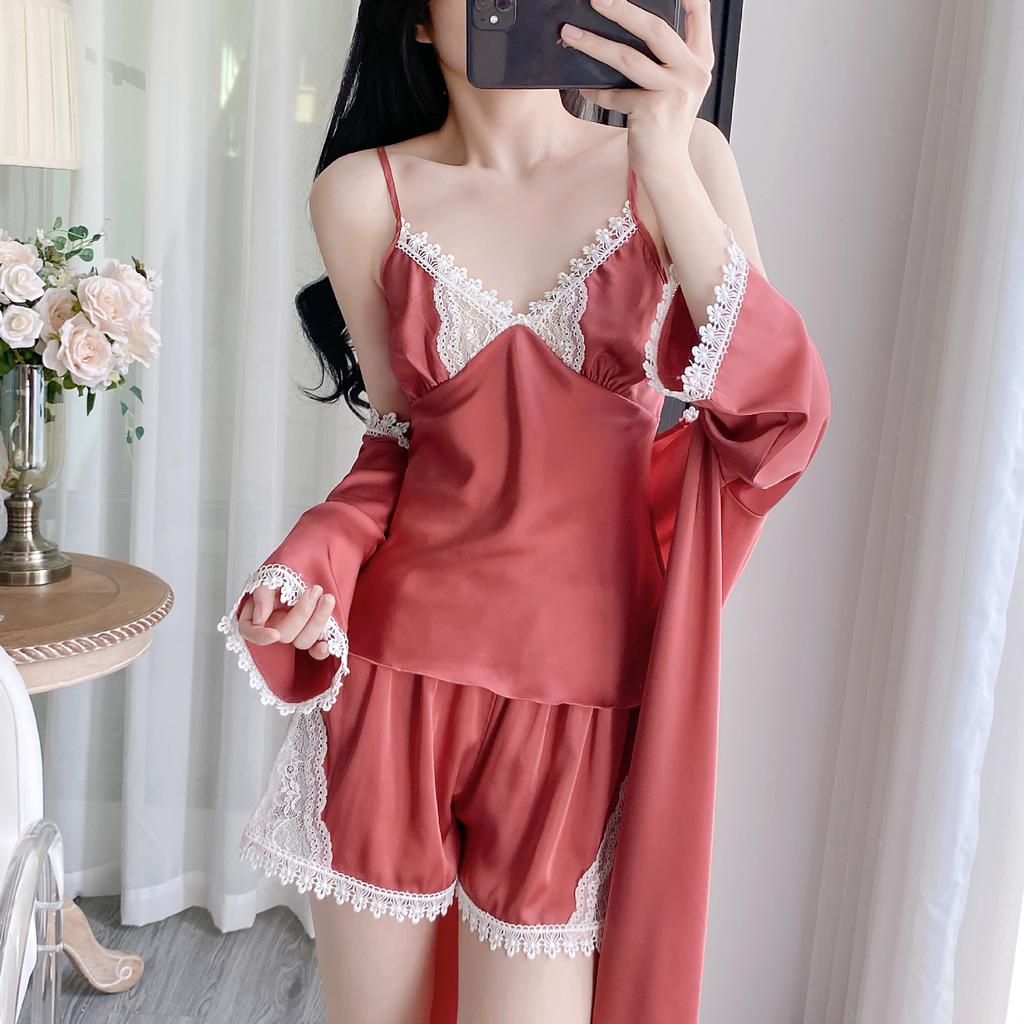 Women's Thin Sexy Ice Silk Pajamas Three-piece Spring and Summer Suspender Shorts Bathrobe Kimono with Chest Pad