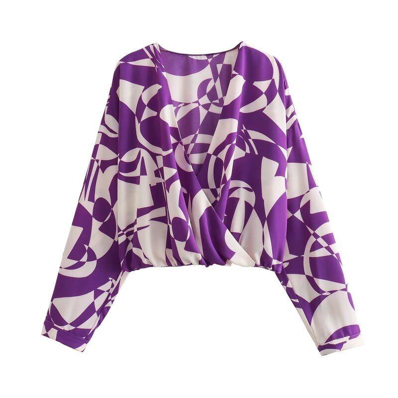 Fashion Wind 2023 New Fall Women's Clothing Slim Looking Easiest for Match Stylish Long Sleeves V Neck Print Tops 8562716