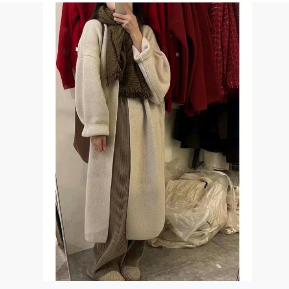 

Свободный утолщенный двусторонний вязаный кардиган пальто женский осенне-зимний большого размера ленивый свитер пальто L бежевый