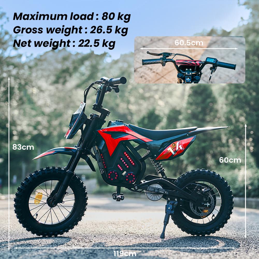 A14 Dětská ELEKTRICKÁ DIRT BIKE 14 palců 500W Motor 36V5.2Ah Baterie Dojezd 20-22 km Tlumení nárazů, Bluetooth LED světla