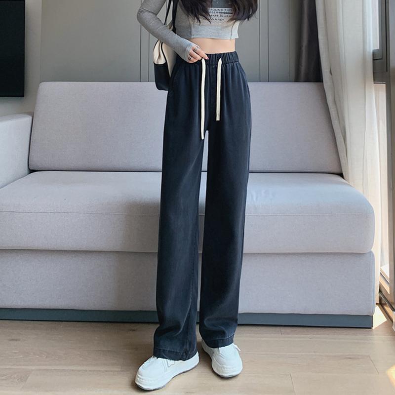 Spring Summer Loose Women Jeans Fashion Drawstring Straight Leg Wide Leg Casual Long Denim Pants Female Plus Size Elegant Trousers 831