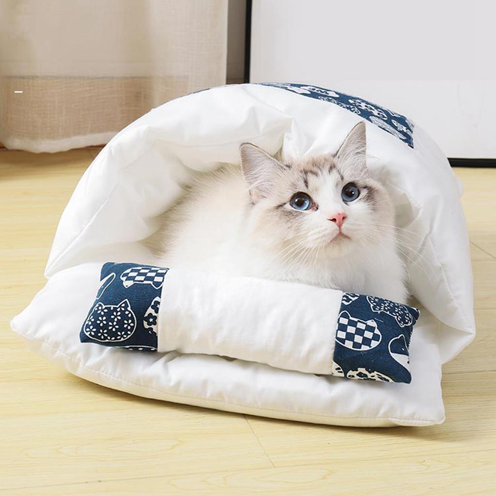 Japanisches Haustierbett Warmer Katzenschlafsack Tiefschlafhöhle Winter Abnehmbares Haustierhausbett für Katzen Hunde Nestkissen mit Kissen