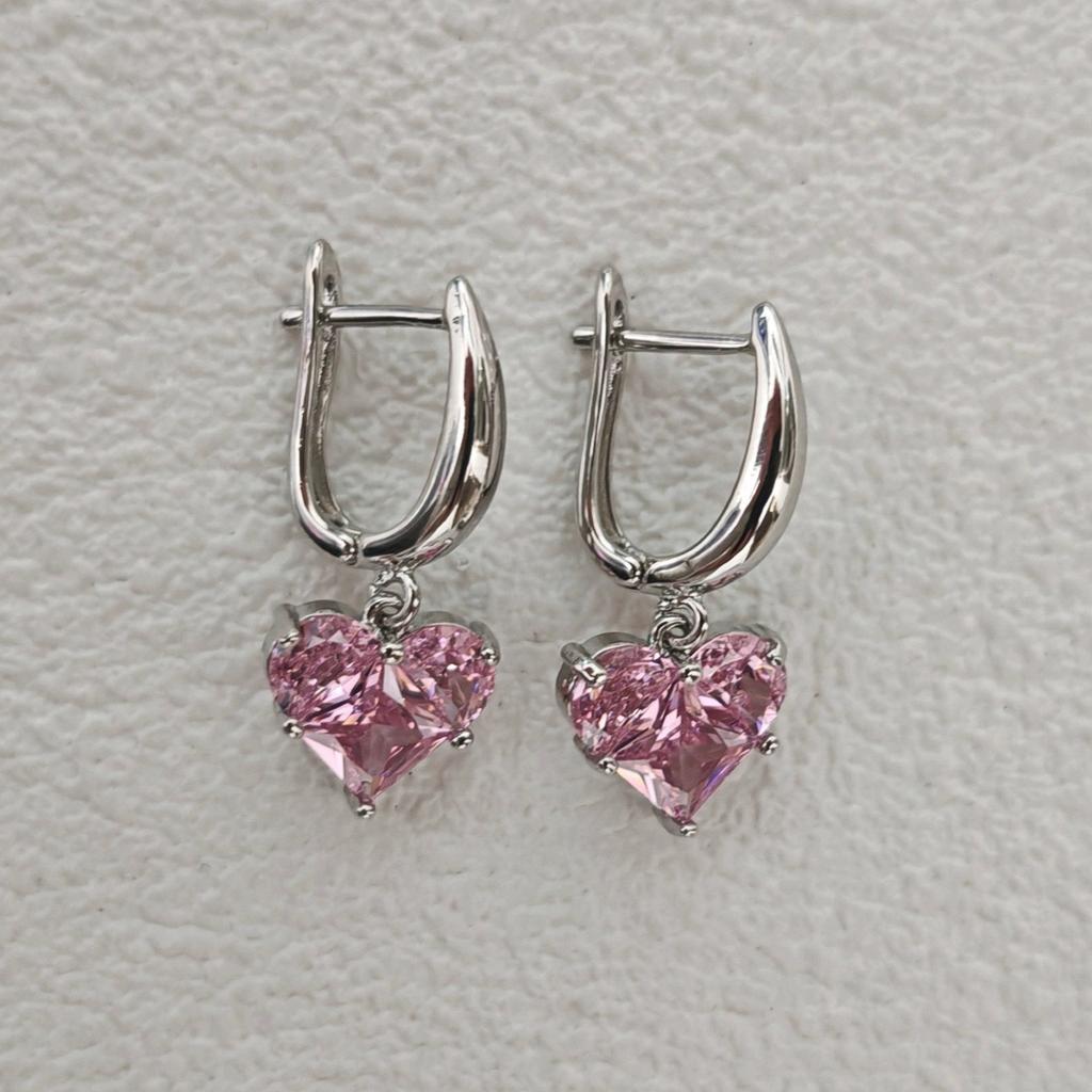 Sweet Pink Love Heart Zircon Pendant Earrings for Women Fashion Y2K Simple Geometric Ear Buckle Party Jewelry Accessories Gifts