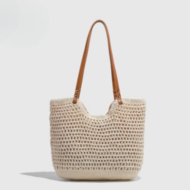 IELGY Large-Capacity Woven One-Shoulder Underarm Tote Bag Seaside Leisure Vacation