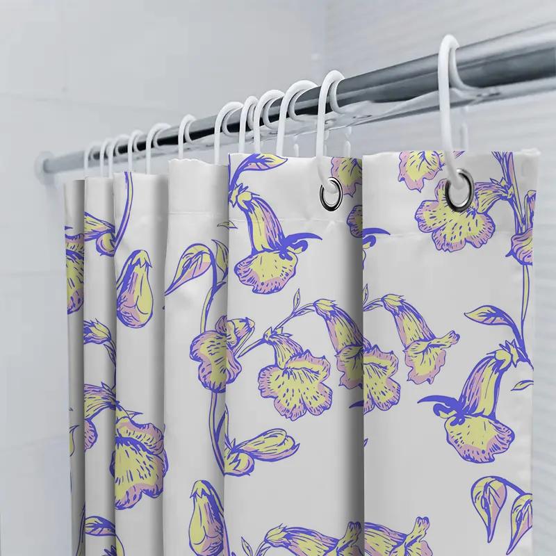 Floral Print Shower Curtain Modern Decorative Bath Mat Liner for Home Decoration Purple Yellow Flowers Design in White Backgro