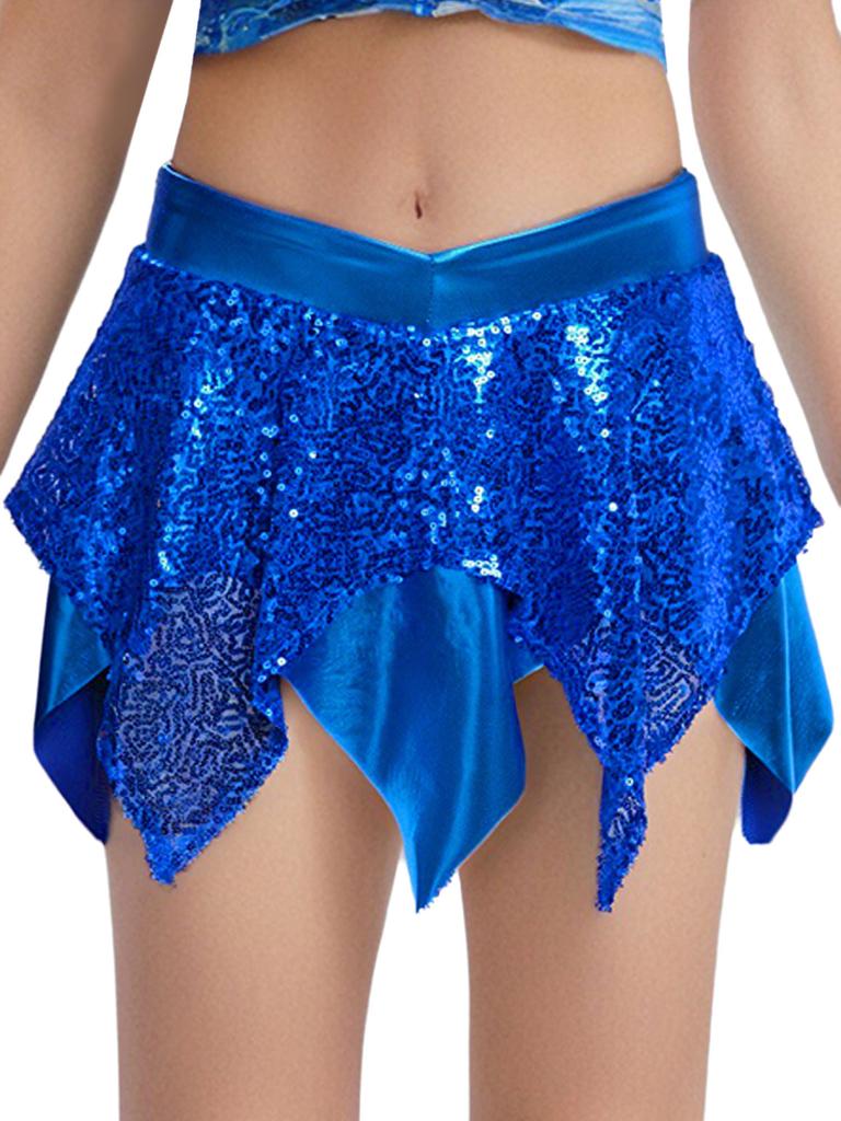 Kids Girls Jazz Dance Performance Outfit Sleeveless Keyhole Back Sparkly Sequins Crop Top with Asymmetric Metallic Skirt and Sequined Tassels Gloves