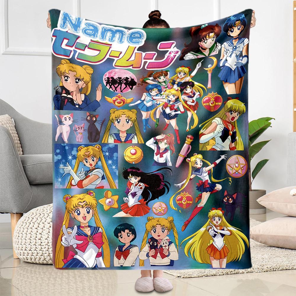 Sailor Moon Characters Customize Text Blanket Multi-purpose Customizable Blanket Warmthful Decor Perfect for Bed Picnics Seaside Sofa