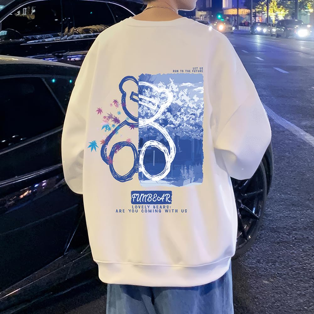 Aaronlive Rundhals Långärmad Söt Björn Populär Tröja Lös Storlek Vit Herrhuvtröja, Tryck, Tröja, Vardaglig, Bekväm, Passform, Vår,
