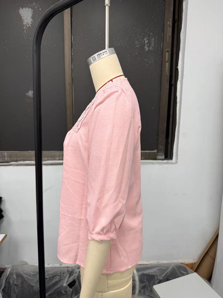 Summer Cotton Linen New Womens Top Solid Color Square Neck Lace Patchwork Threequarter Sleeves