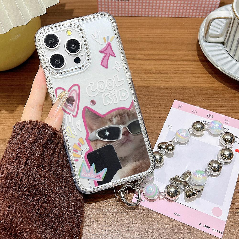 Armbandkette Handyhülle Für iPhone 17 16 15 13 14 für 17Air 17 12 14 16 Pro 17 14 16 Pro Max Funkelnder Diamant Niedliches Muster Hartschale Mit Trageband