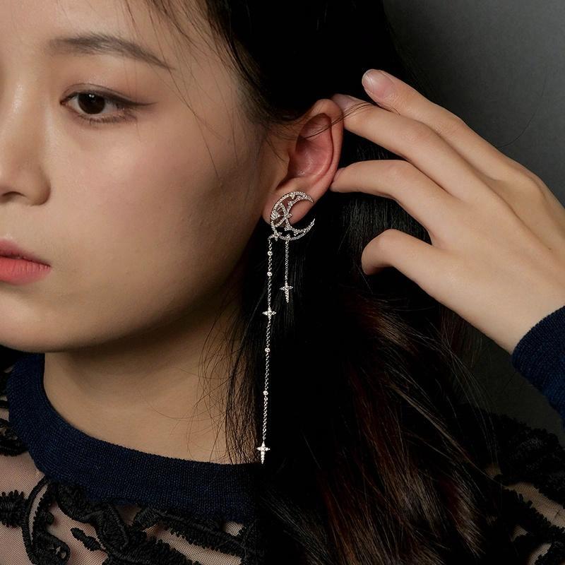 APM Monaco Single Crescent Star Pendant Long Earrings, 925 Silver Full of Diamonds and Zircons, Elegant and Delicate AE12577OX