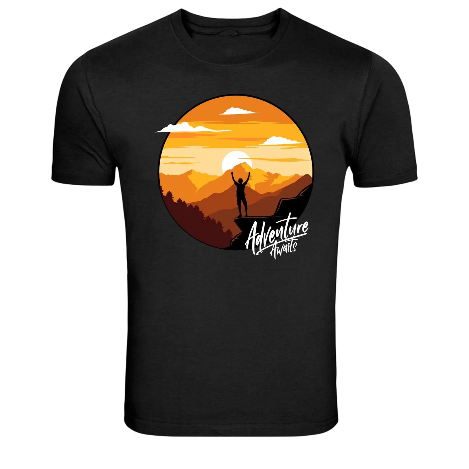 Adventure Awaits Mountain Sunset Hiking Graphic T-Shirt XS