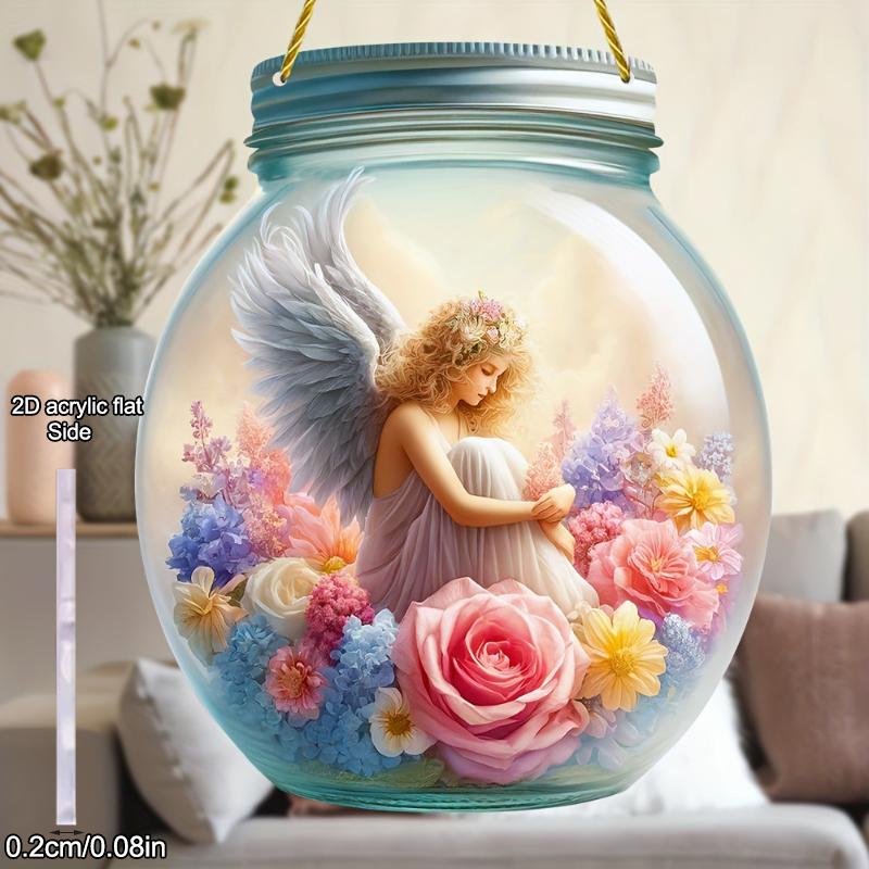 1pcs Popular Flower Fairy Angel Wall Art Hanging Home Decoration Plaque Garden Mason Jar, Colored Glass Style Sunshine Catcher, Acrylic Sign