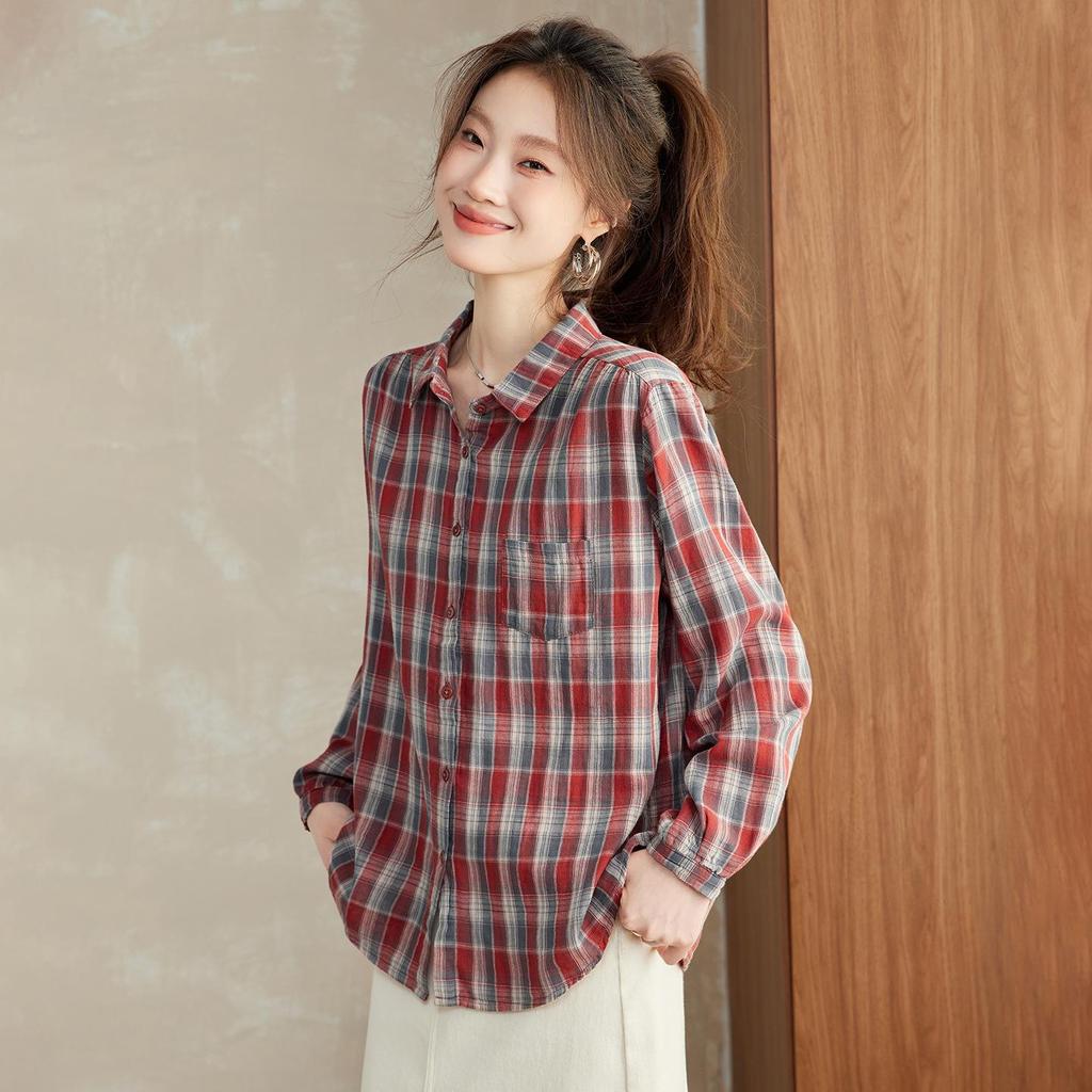 Women's Plaid Loose-Fit Cotton Long Sleeve Lapel Shirt - Spring & Autumn 2025