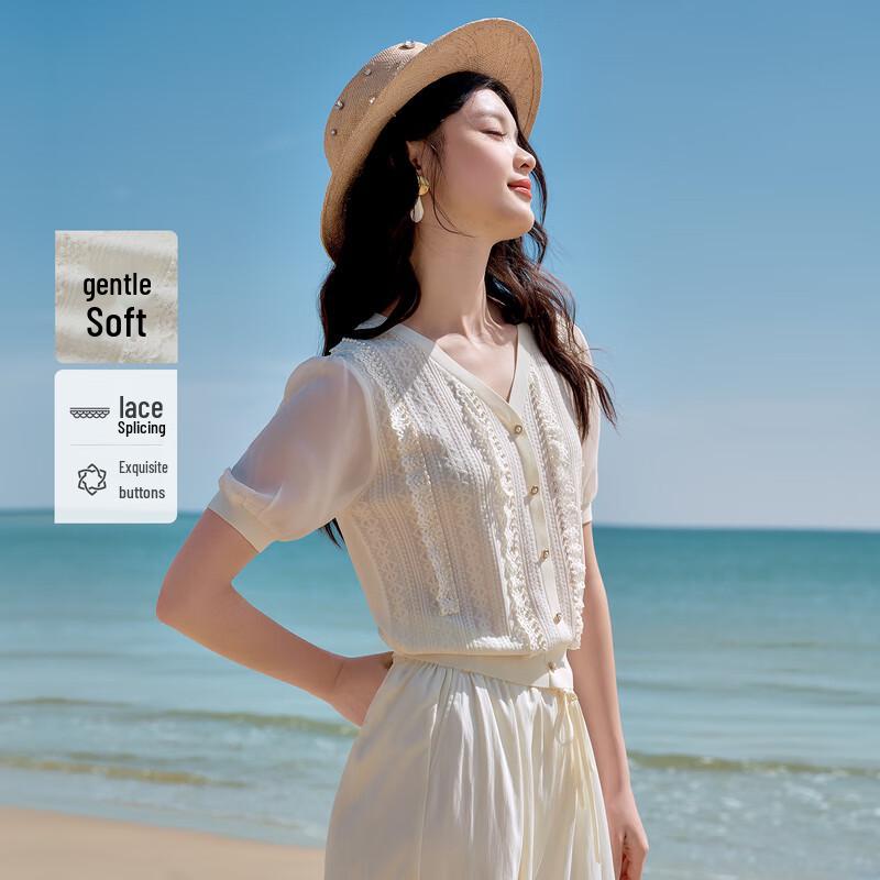 Lace Trim V-Neck Knit Cardigan L