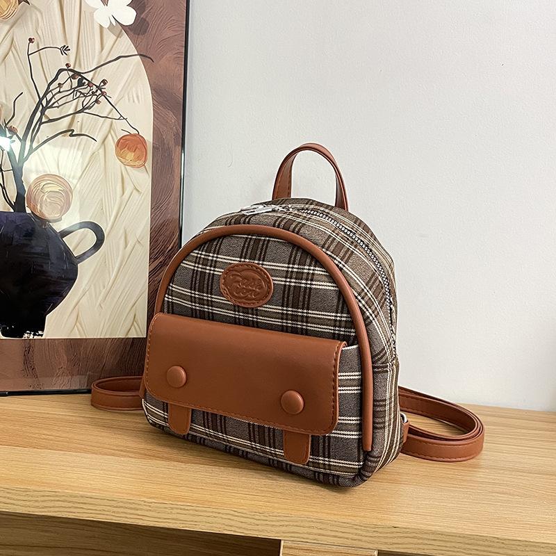 Korean Version of Fashion Portable Small Bag Women 2025 New Canvas Plaid Backpack Retro Premium Casual Backpack
