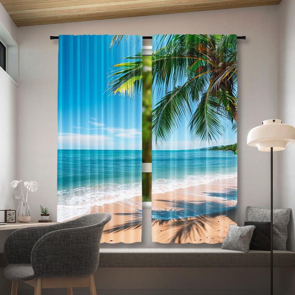 2Pcs Polyester Tropical Beach Treatment Printing Window Curtains Birthday Party Decoration Backdrop Drapes for Living Room