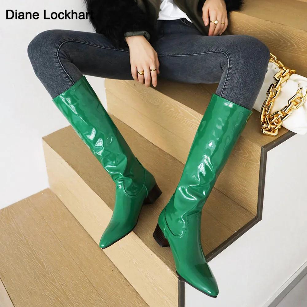 Fashion Autumn Winter Woman Boots Square Heel Knee-High Pointed Toe Patent Leather Boots Comfortable Low Heel Party Dress Dance Shoes