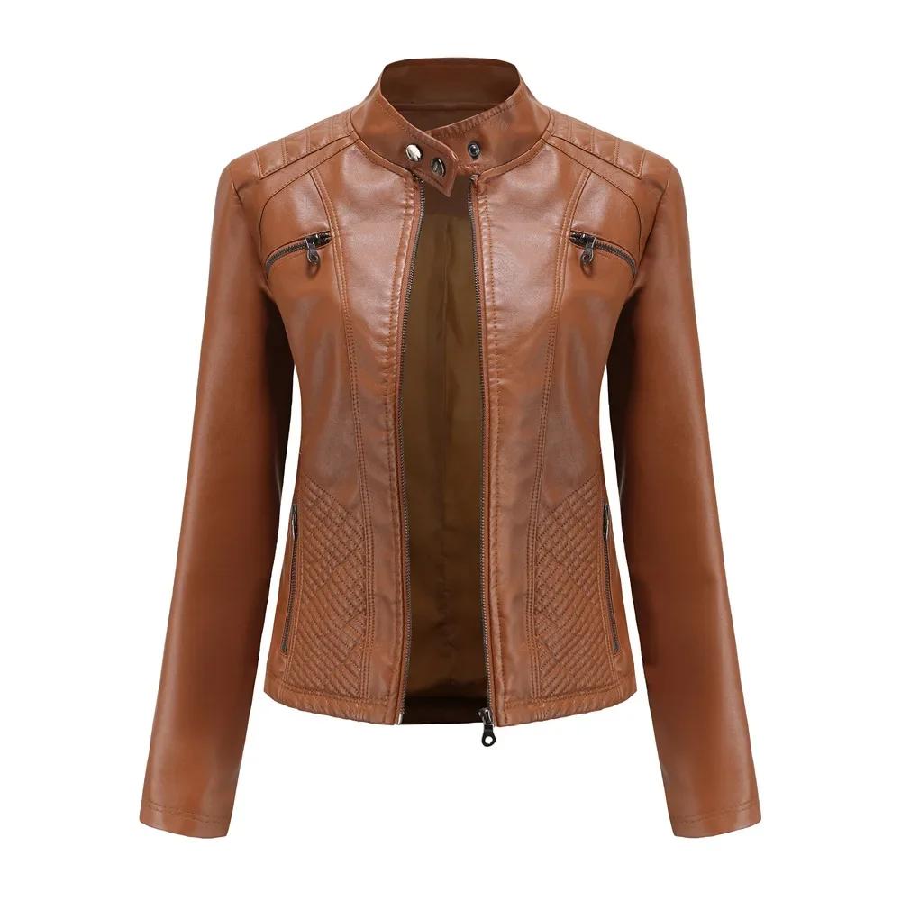 Women's Leather Coat Fashion Trend Simple Autumn Winter Stand Collar Zipper PU Leather Motorcycle Jacket for Women