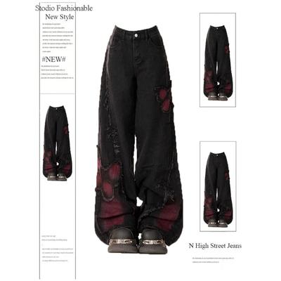 Vrouwen zwarte gothic baggy jeans harajuku Y2k esthetische vlinder denim broek Koreaanse Jean broek vintage jaren 2000 trashy kleding