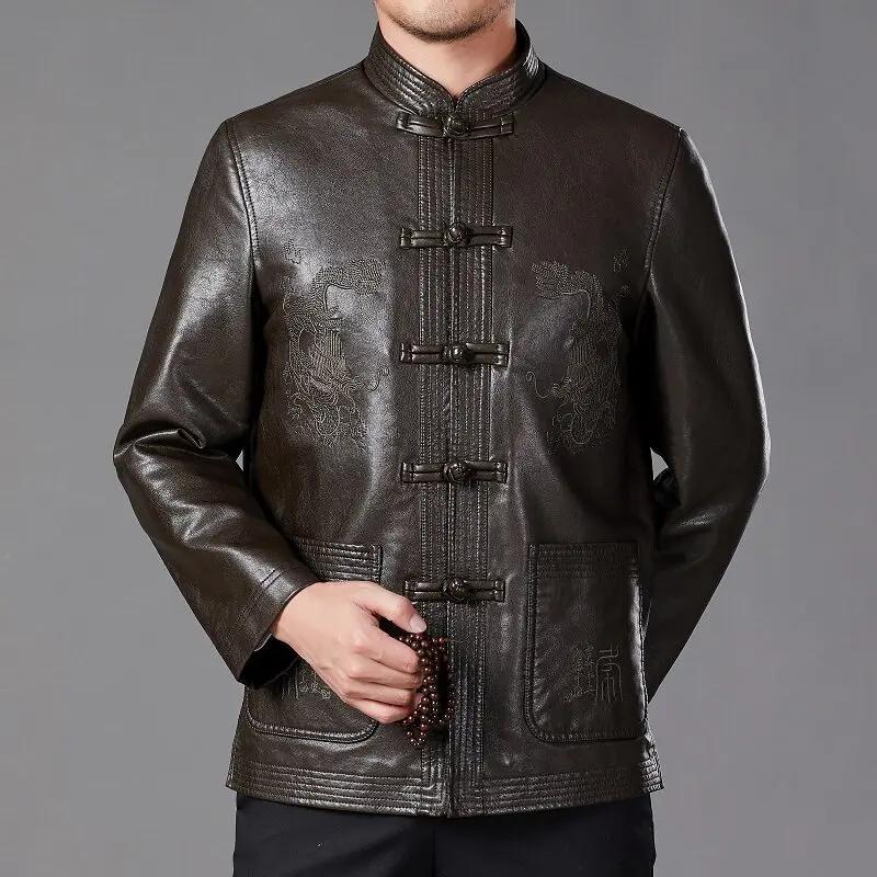 Autumn Men Pu Leather Tang Suit Jacket Chinese Traditional Ethnic Loose Casual Dad Coat Vintage Streetwear Windproof Outerwear