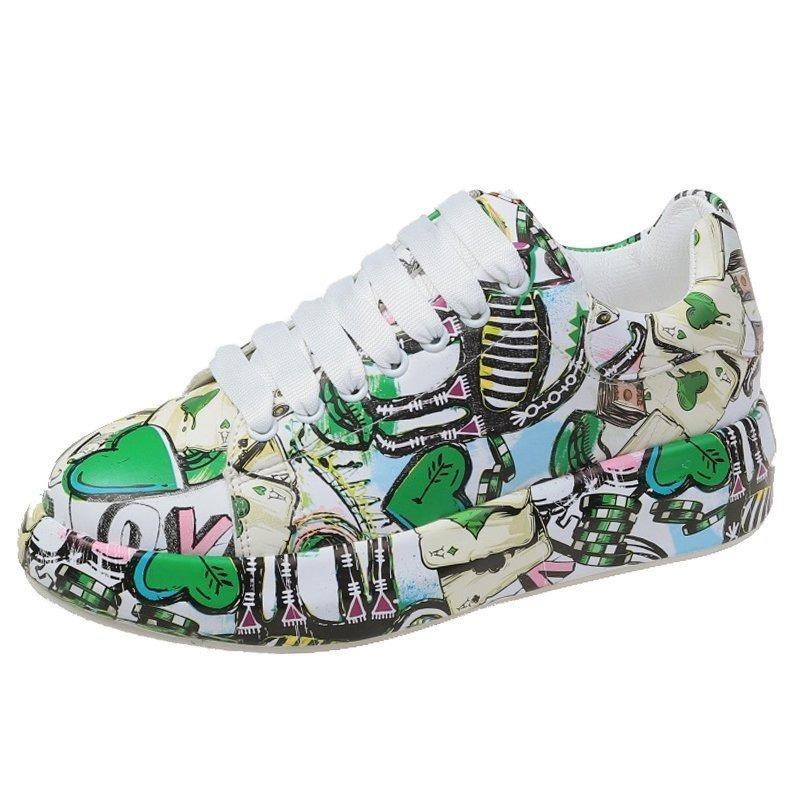 Damen-, Niedrig geschnitten, Freizeitschuhe, Graffiti-Druck, Sportschuhe, Schnürschuhe, Dicksohlig, Board-Schuhe