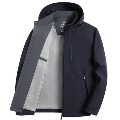 Frühling und Herbst Neue Outdoorjacke Herren Abnehmbare Kapuze Einfarbig Vielseitig Milchseidenjacke für Junge und Mittelalte