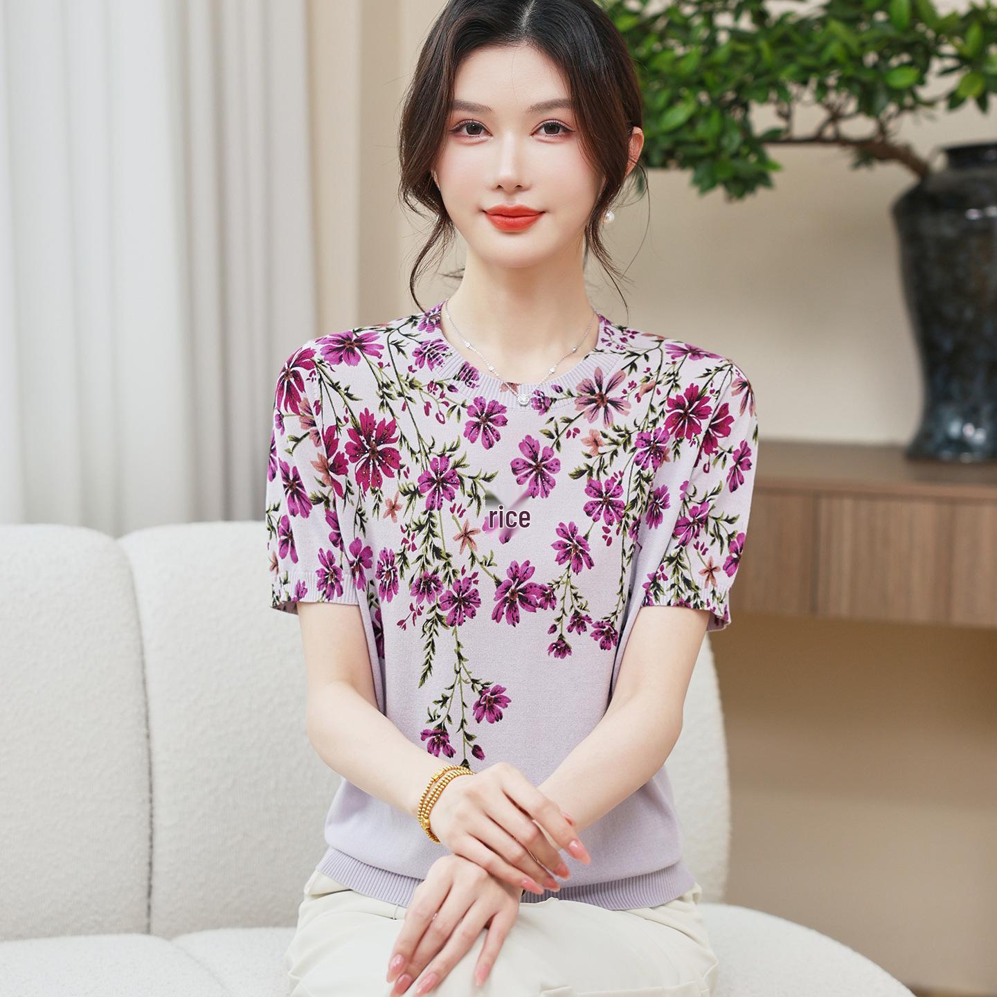 

Women s Plum Blossom Short Sleeve Slimming T-shirt - Stylish Summer Loose Fit Plus Size Knit Top 2026 5XL (150-165 lbs) фіолетовий