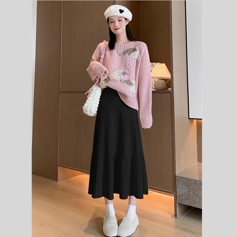 Autumn/Winter High-Waisted Knit Pleated Maternity Skirt - Trendy, Slimming, Age-Reducing Long Skirt with Large Hem