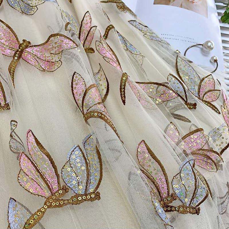   Women Summer Sequin Embroidered Mesh Skirt Loose Thin Casual Double Layer Skirt