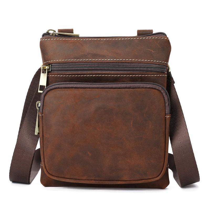 

Crazy Horse Leather High-end Men s Bag Fashion Retro Trend Portable Commuting Phone Shoulder 16cmx2cmx19.5cm кофейный
