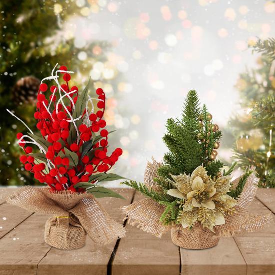Small Christmas Artificial Plants with Burlap Base Faux Pine Branches with Red Berries/Poinsettias Flower