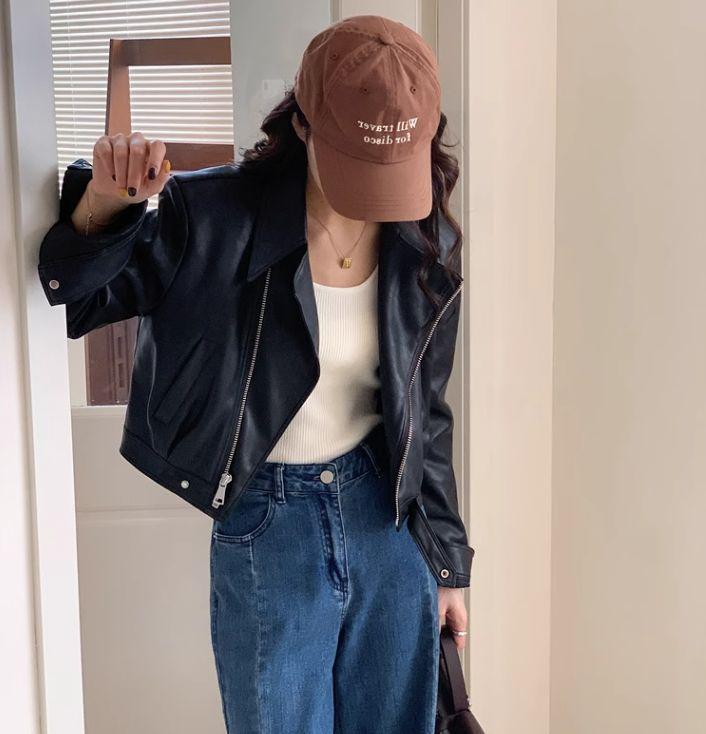 2025 Autumn Women's Petite Slimming Leather Jacket with Versatile Lapel Design