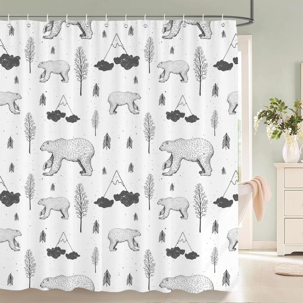Black and White Simple Cartoon Shower Curtain Washable Polyester Bathroom Curtains Decor Bathtub Partition Curtain With Hooks