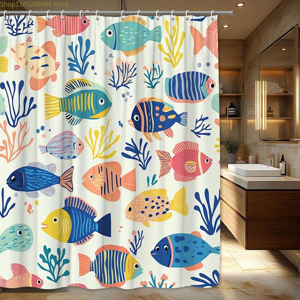 1pc Vibrant Underwater Fish and Coral Shower Curtain - Polyester Fabric, Colorful Ocean Design with 12 Hooks, Machine Washable