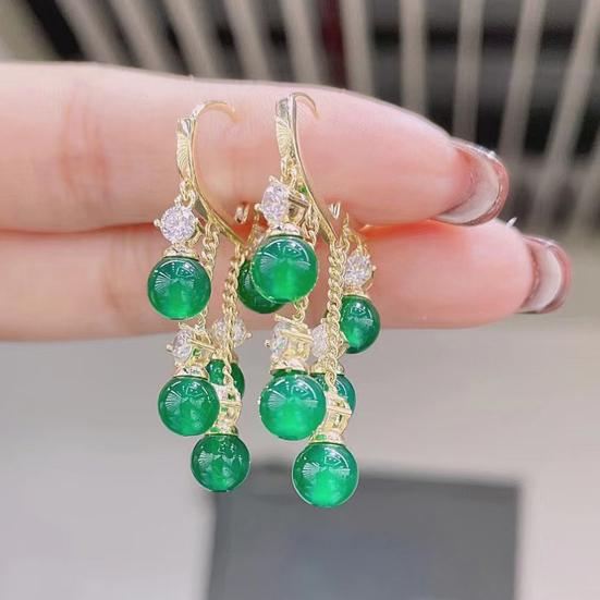1 Pair Ladies Earrings Eye-catching Fine Workmanship Tassel Golden Plated Delicate Polishing Dress Up Vibrant Color Green Simulated Emerald Earrings