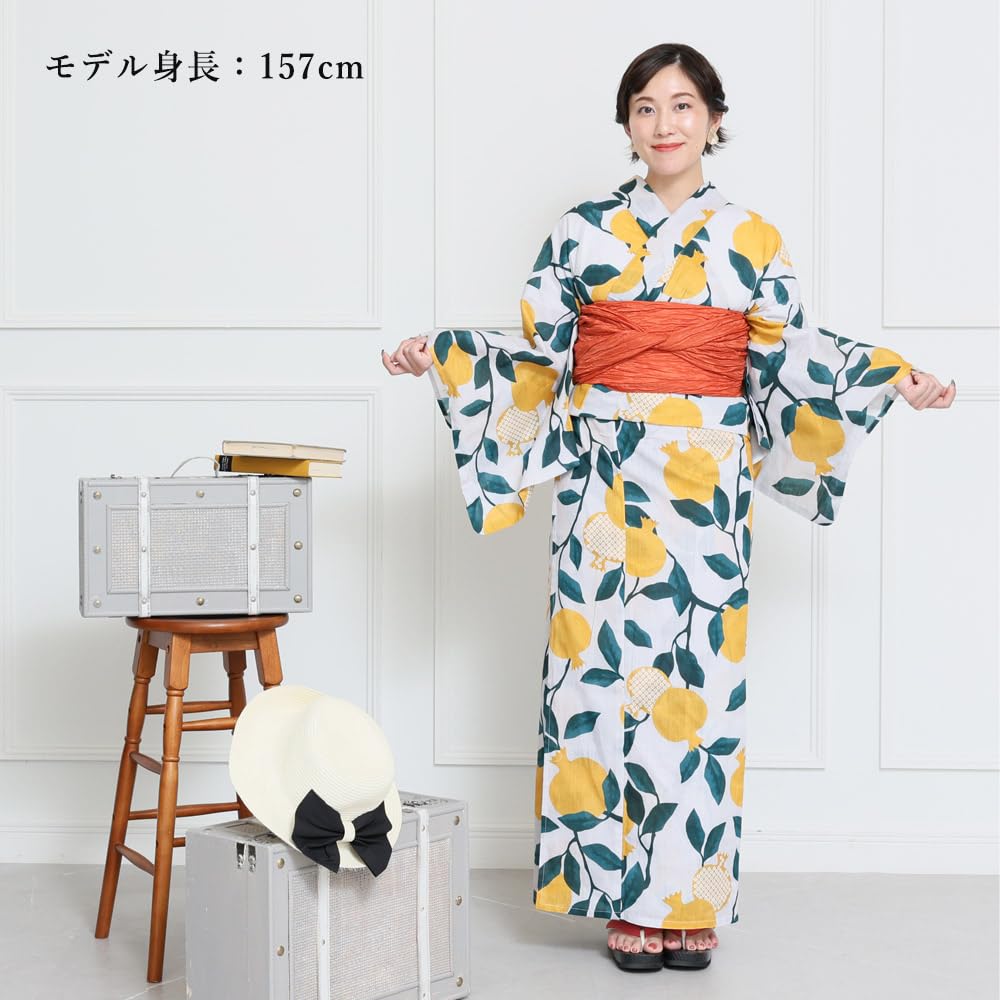 Kyoto Kimono Yuzen Women's Yukata and Obi Set (2-Piece Set) with Floral Pattern (Yellow (Hikida Pomegranate))