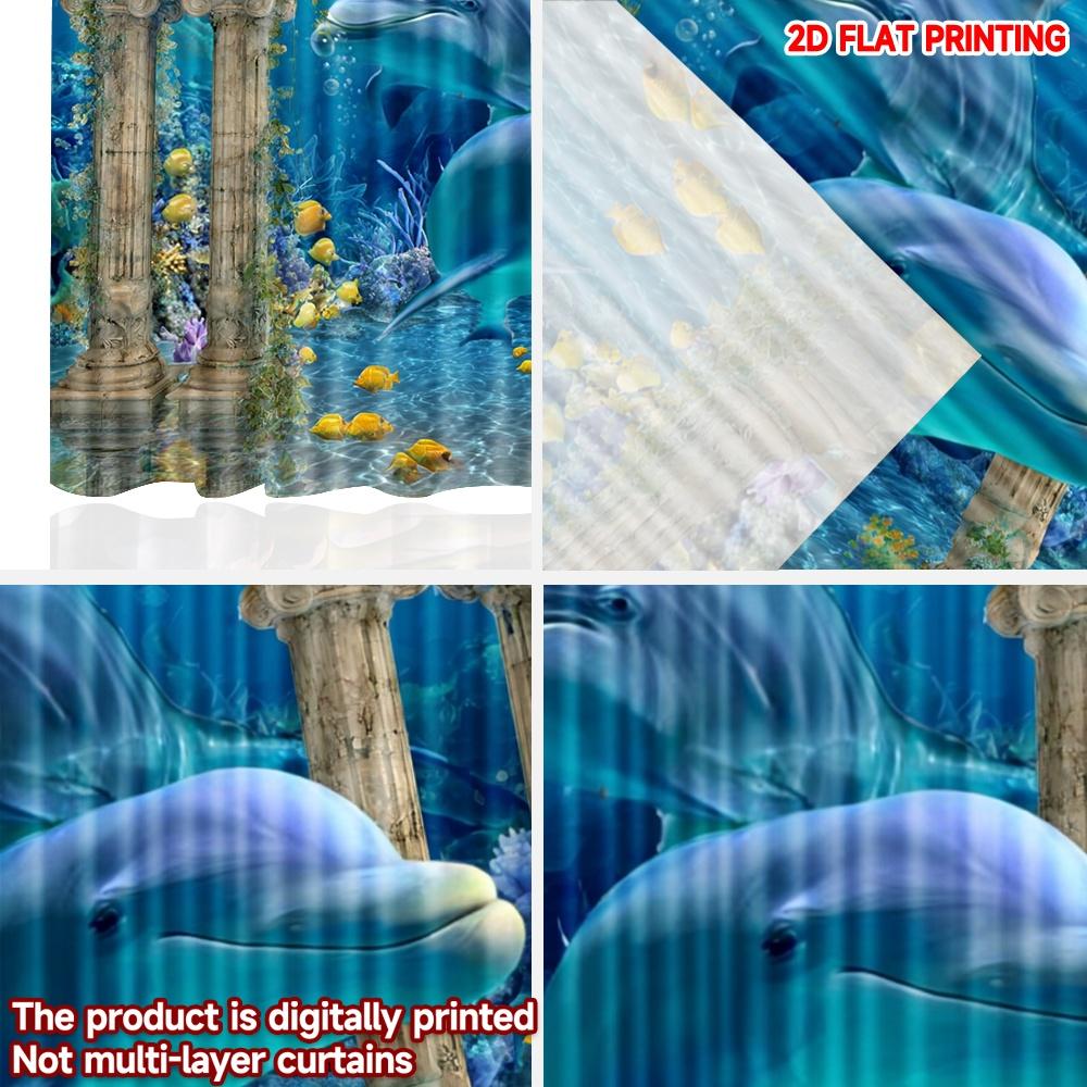 2pcs Dolphin Ocean Curtains  Printing   Underwater Scene with Coral Seaweed & Colorful Fish On Blue Background for Living Room