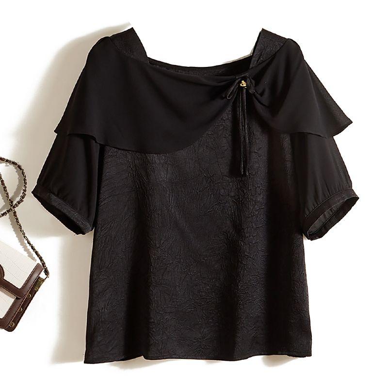 

Satin Poplin Silk Square Collar Penny Level Wenjing Fan Women Summer Shirts! Swaying Mesh Bow Patchwork T-shirt Black L