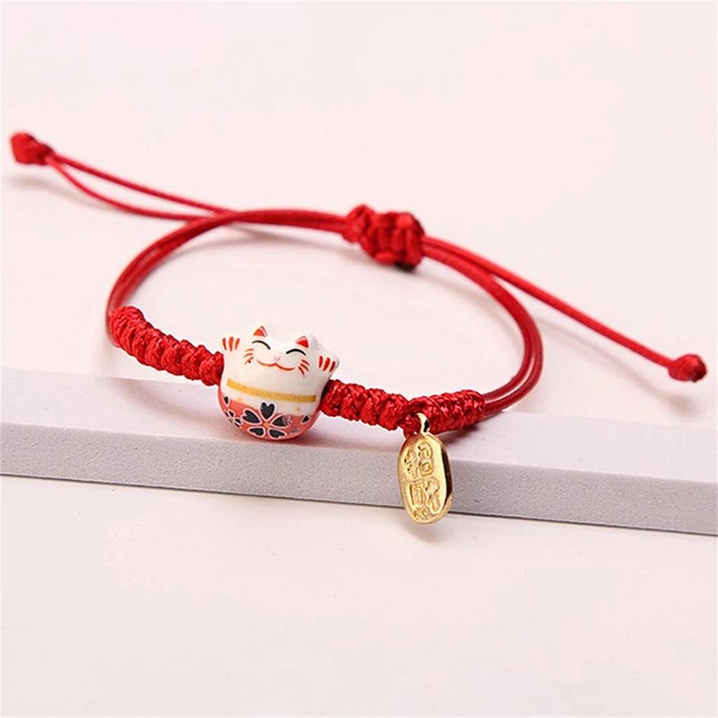 2026 Cartoon Simple Cute Ceramic Lucky Cat Bracelet Hand-woven Red Colors Rope Bangle Women Girls Jewelry Gift Bracelet