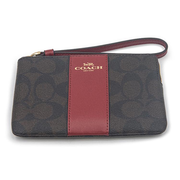 Coach Corner Zip Monogram Canvas With Leather Wrist Bag, Clutch, Coin Purse Womens Dark Brown Red