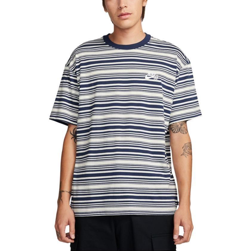 Nike Pasiasty T-shirt Casual z Okrągłym Dekoltem i Krótkim Rękawem dla Mężczyzn, Biało-Niebieski