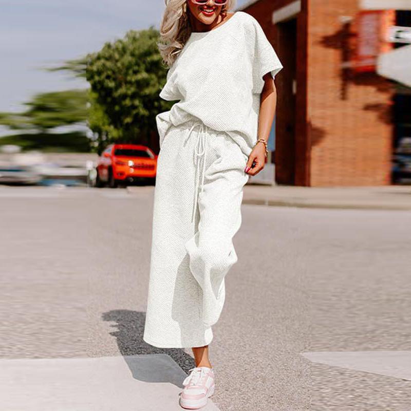 Sets for Women Summer Lounge Sets O-Neck Tops Wide Leg Crop Pants Vacation Travel Outfits