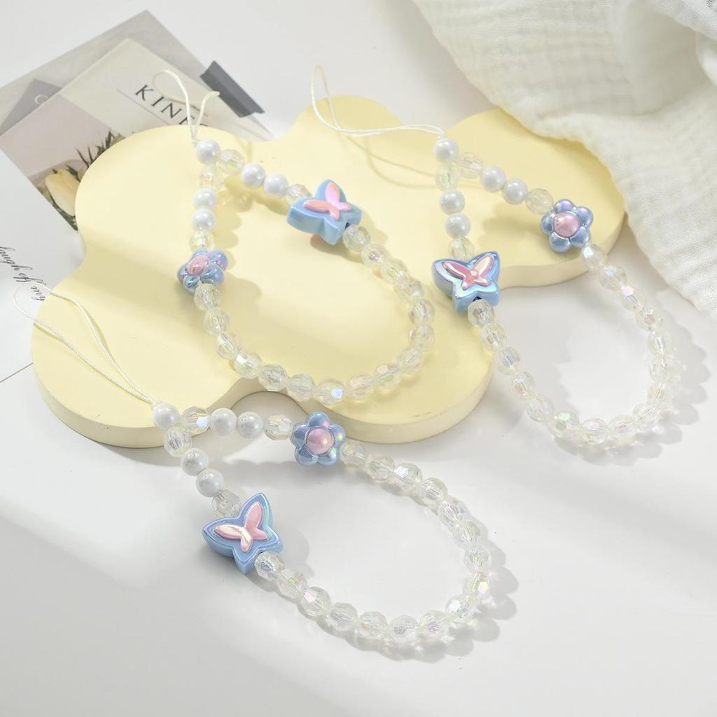 Stilvolles Handy-Lanyard mit Schmetterling & Blume: Perlenkette, Anti-Verlust-Seil, Niedlicher Anhänger für Damen