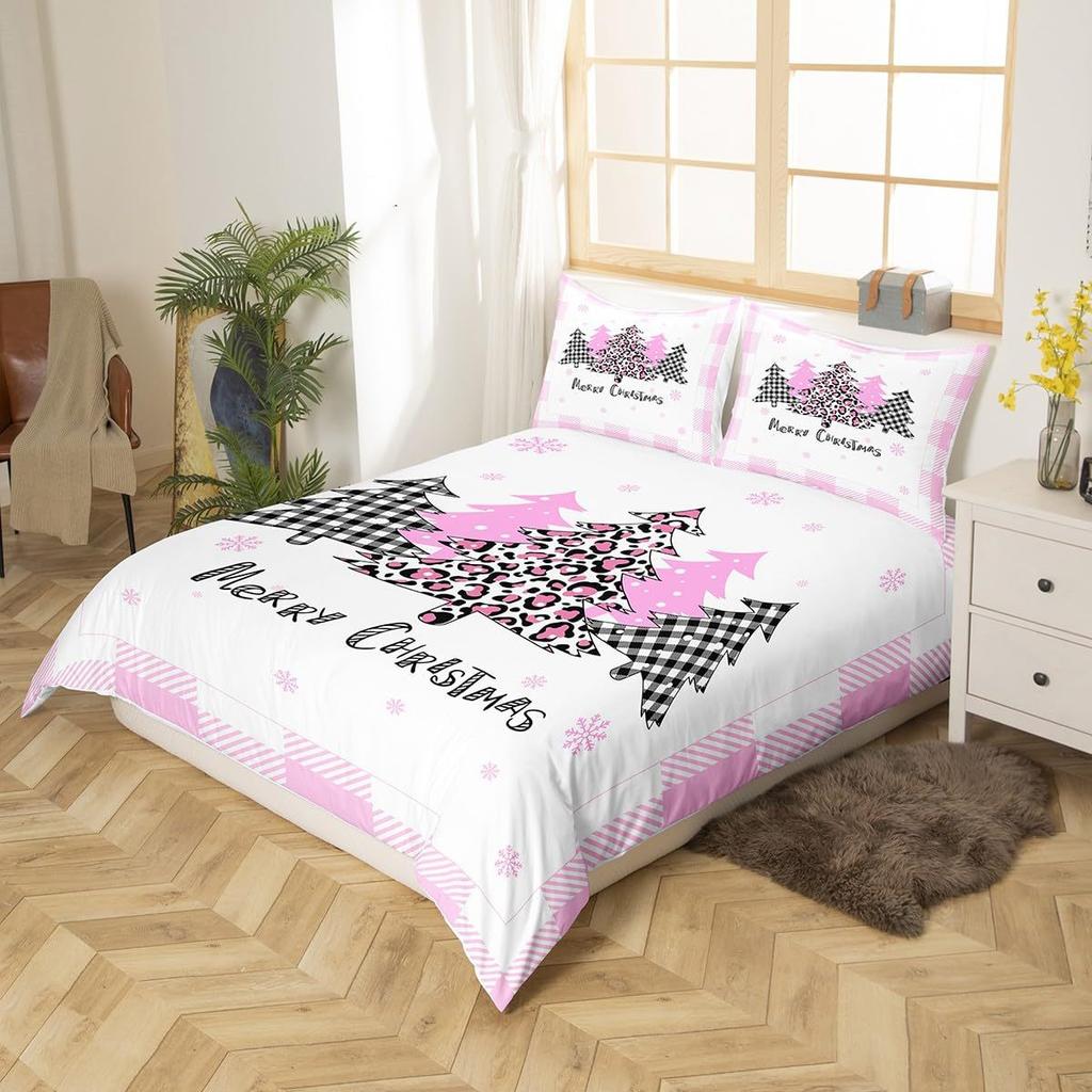 Pink Plaid Christmas Tree Three-Piece Quilt Cover 3D Digital Printing Bedding Set Bed Cover
